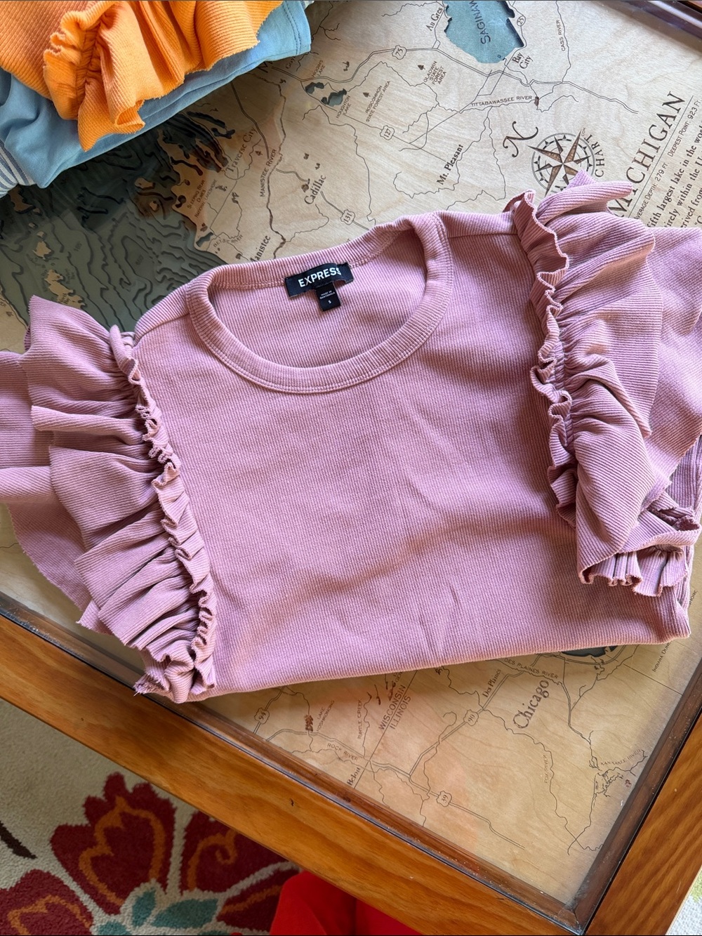 Express Dusty Rose Ruffle Sleeve Sweatshirt